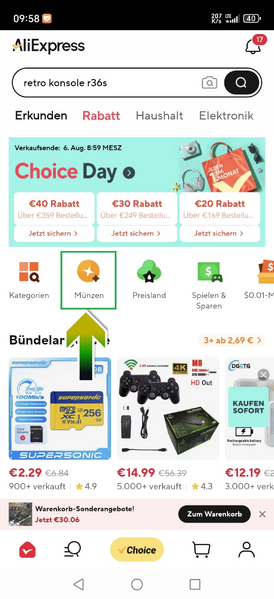 Go to the coins section (Münzen)